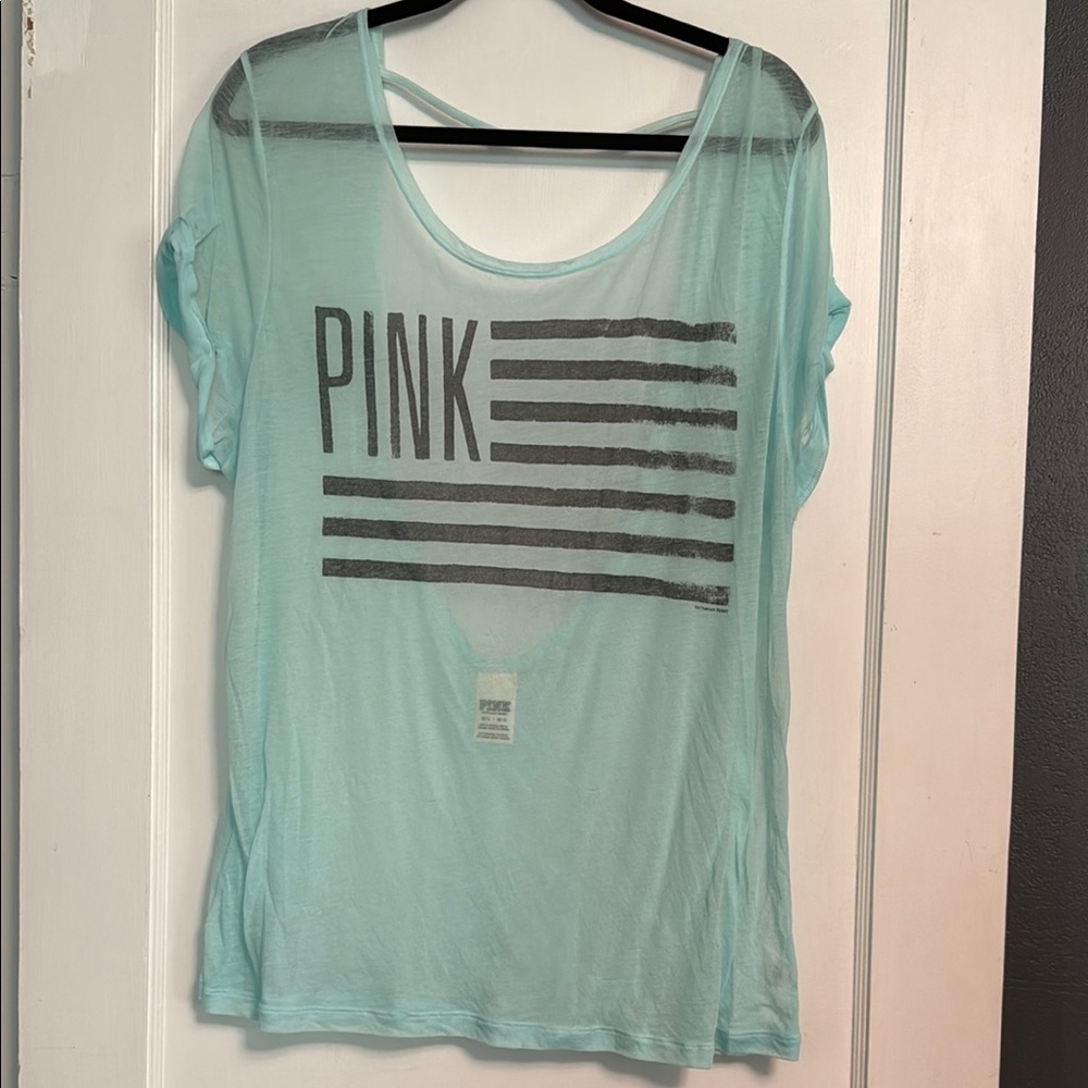 PINK Victoria's Secret Women's Sheer Open Back Light Blue Graphic Top
